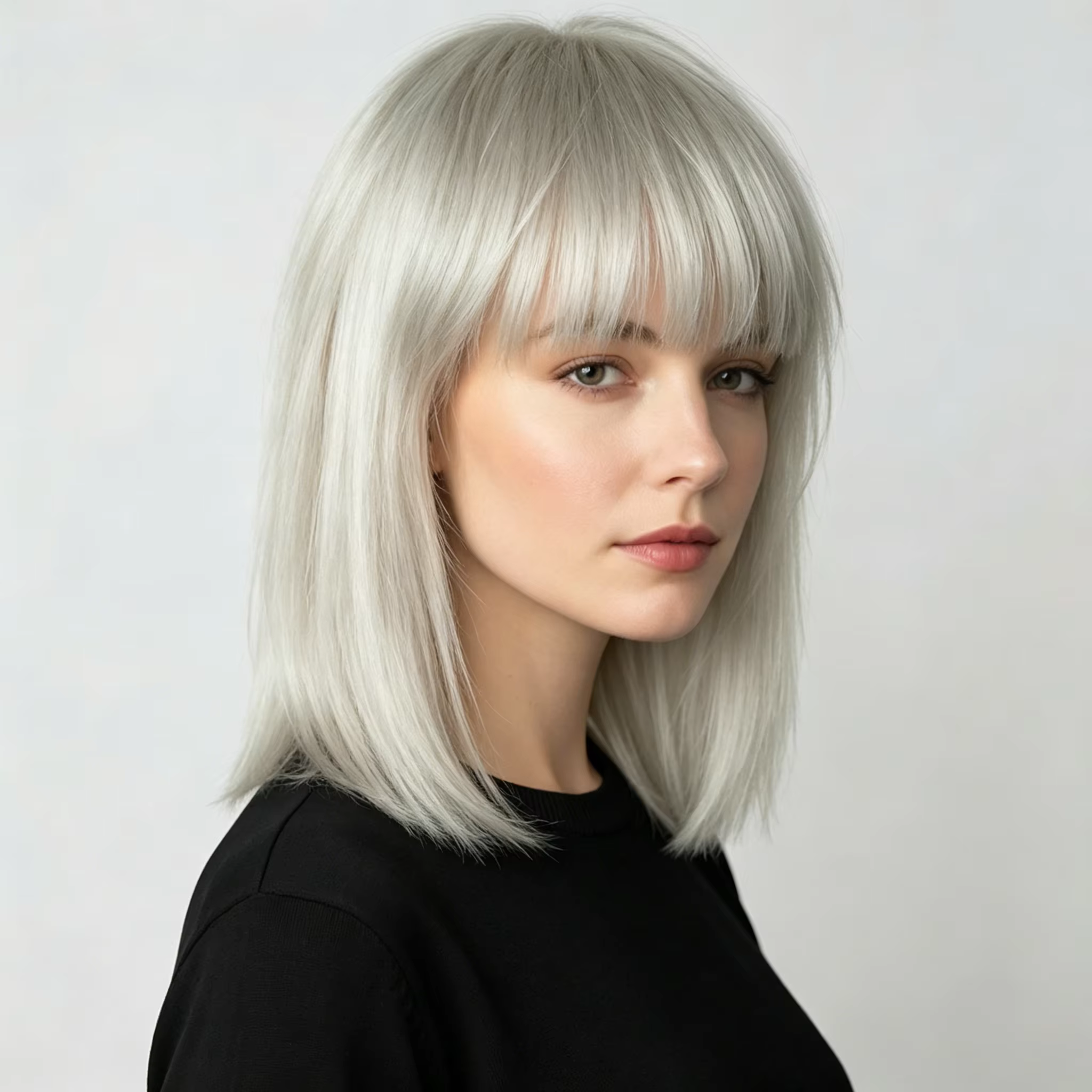 Perruque Bob Droite Gris Argenté avec Frange Complète, 100% Cheveux Humains, Coupe Droite, Bonnet Sa