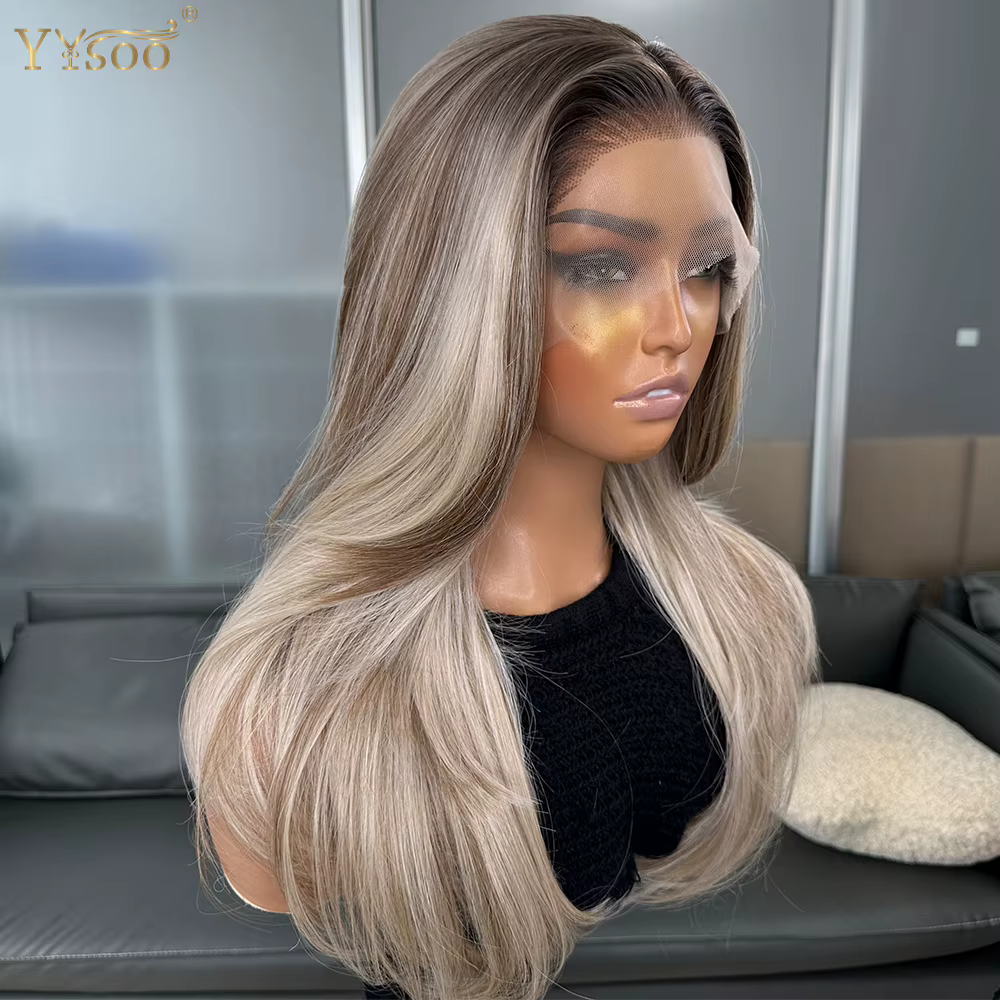 Perruque Lace Front Wig synthétique ondulée avec reflets ombrés, 13x4, demi-attaché à la main, racin