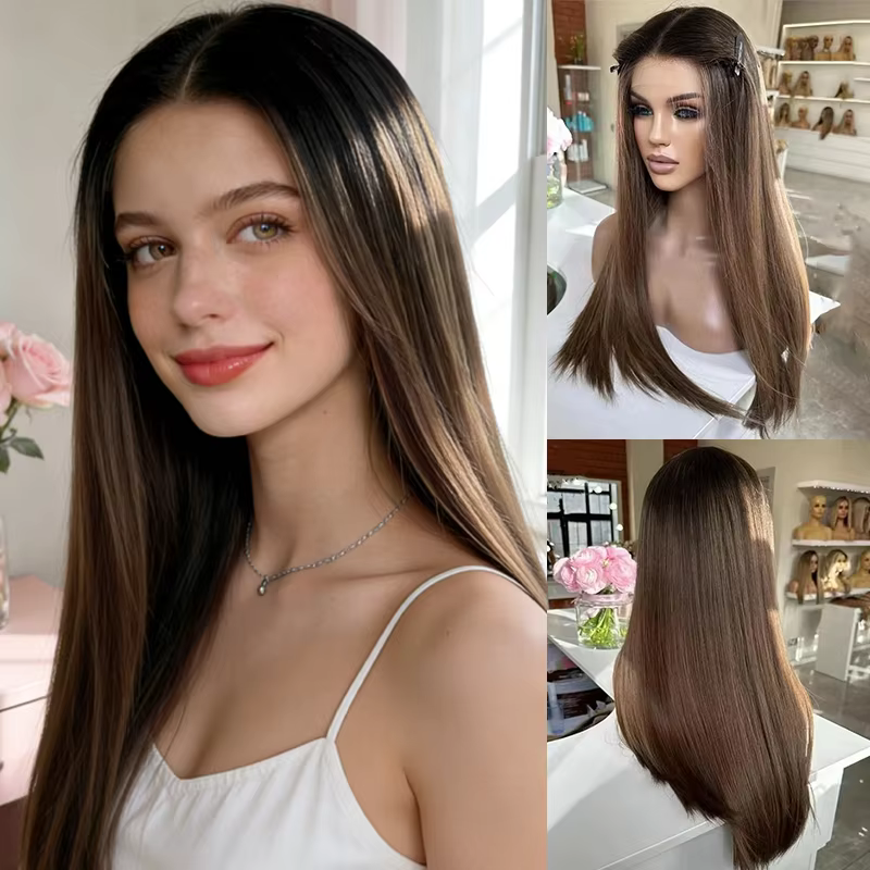 Perruque Lace Front Longue et Droite de 26 pouces, Cheveux Synthétiques Mélangés à 5% de Cheveux Hum