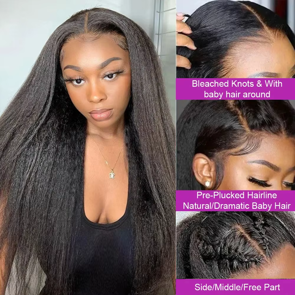 Perruque Lace Front Kinky Straight de 40-42 pouces, pré-épilée, Yaki Straight HD 13x4, avec bords 4C