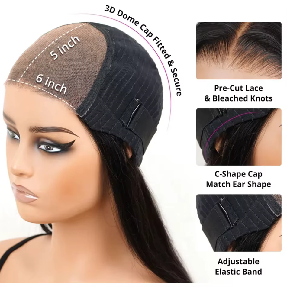 10A 100% perruques sans colle perruques de cheveux humains prêt à porter noeuds blanchis 6x5 pré-cou