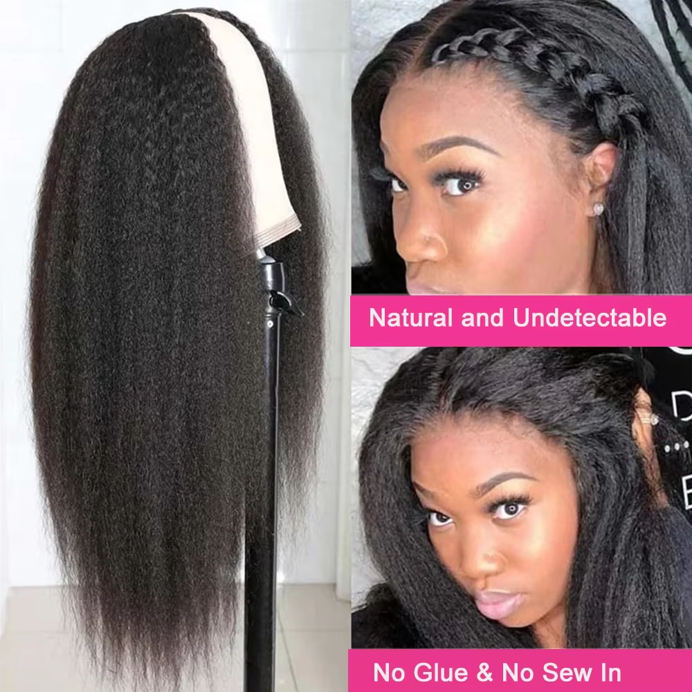 Perruque naturelle crépue lisse avec raie en V, cheveux humains, densité 220%, 32 40 pouces, demi-pe