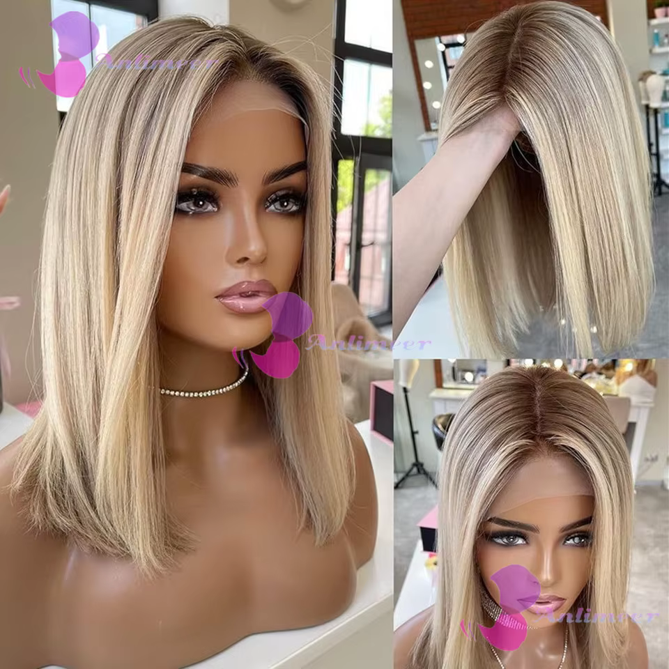 Perruques courtes bob en cheveux humains Balayage Brun Blond sans colle 13x4 Lace Front avec ligne d