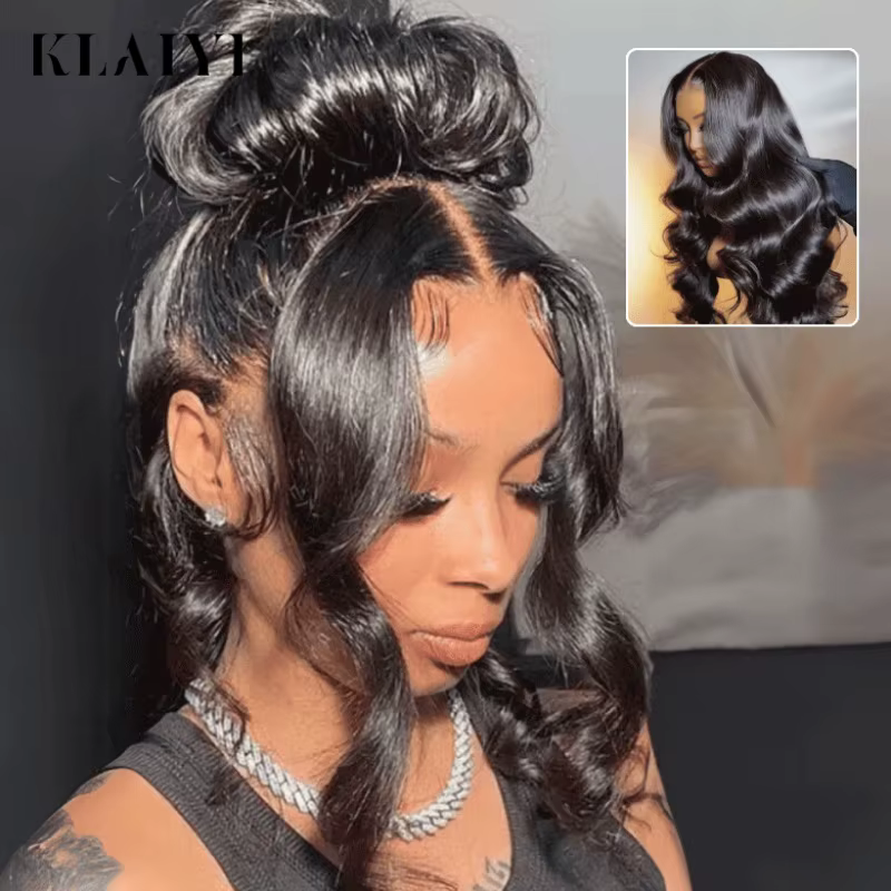 Klaiyi 13x4 pré tout vague sans colle frontale perruque avec cordon élastique perruque de cheveux hu
