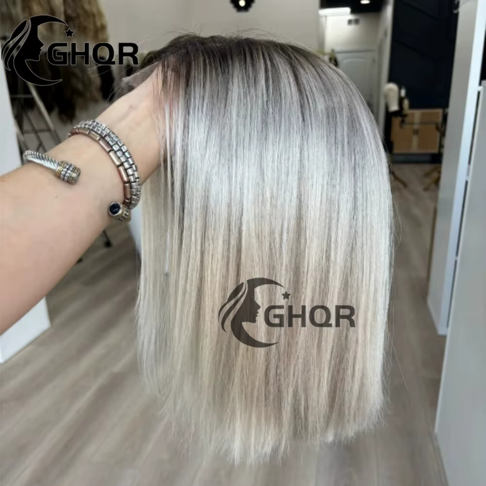 Perruques de cheveux humains Bob blond platine racines foncées dentelle transparente avant couleur d