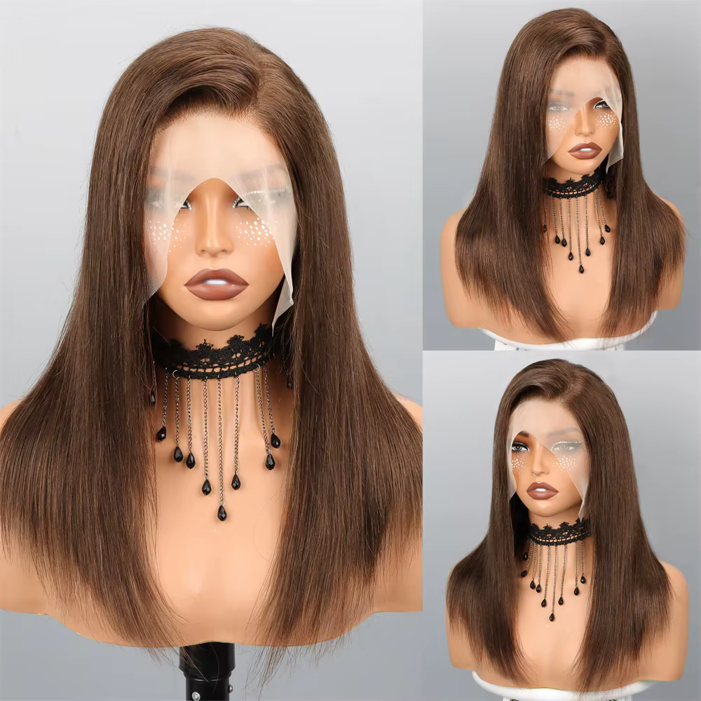 Perruques Courtes Bob en Cheveux Humains Brun Chocolat, Densité 180%, Lisses, Perruque Bob Lace Fron