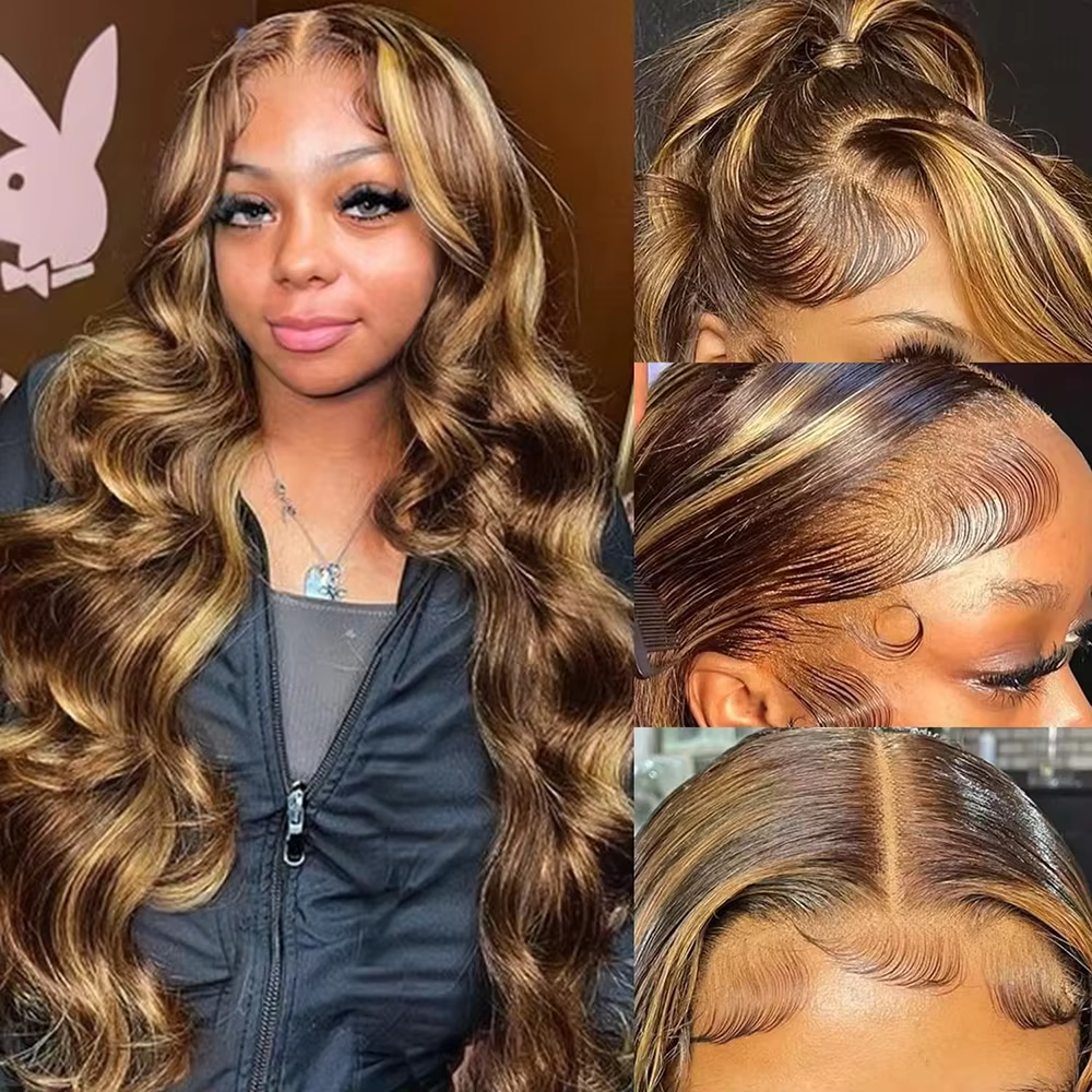 Perruque Lace Frontale en Cheveux Humains Ondulés avec Mèches, Densité 220, Couleur P427, 46 Pouces,