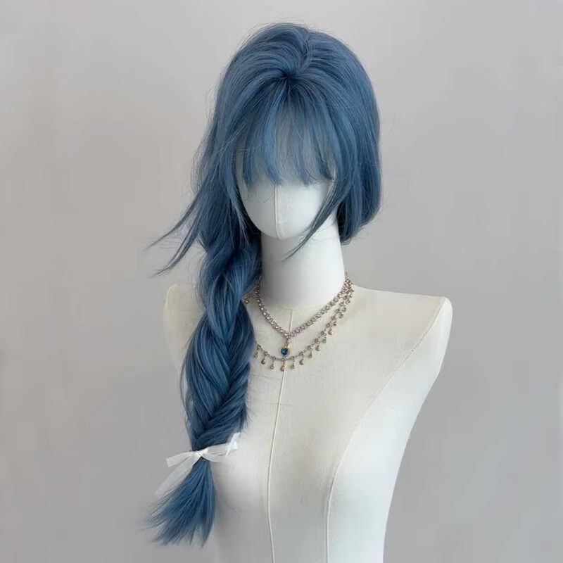 Perruque longue et droite bleu-gris pour femme, avec frange légère, en cheveux synthétiques, ton fro