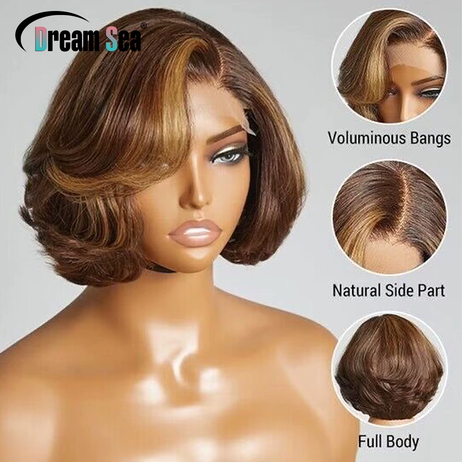 Perruque Bob Lace Frontal Wig brésilienne Remy, cheveux courts à reflets blonds, densité 200, partie