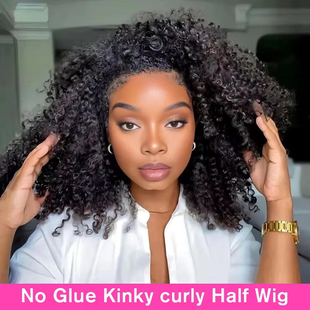 Demi-perruque Afro bouclée, cheveux humains, sans colle, bandeau avec cordon de serrage, Clip sans c