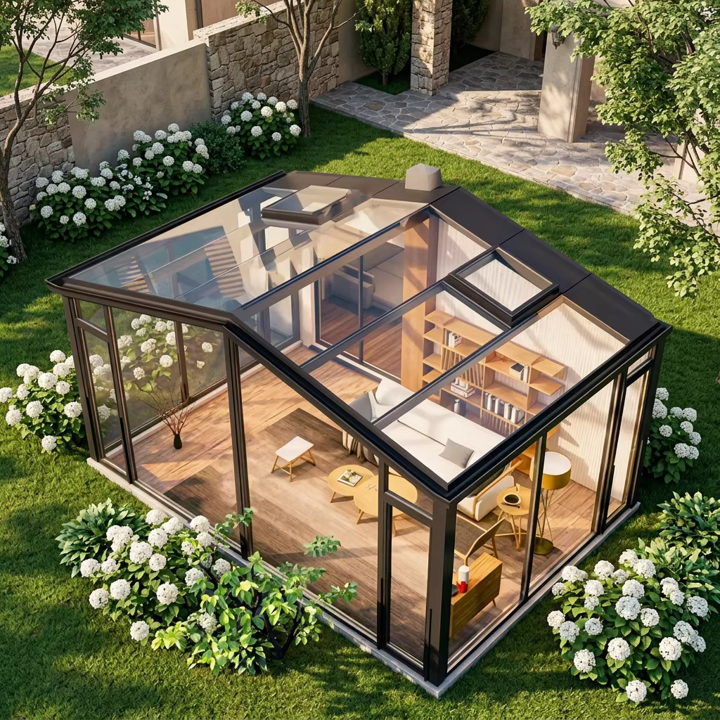 Verrière moderne à toit incliné en aluminium et verre, double vitrage isolant, pour villa, patio et