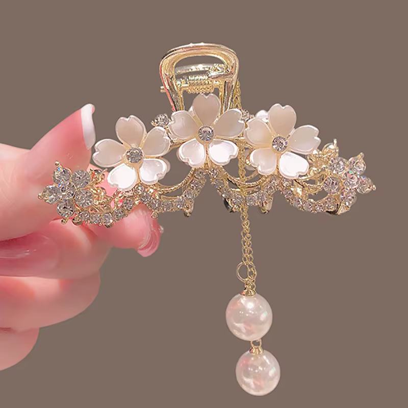 Pince à cheveux en métal avec pompon pour femme, pince à cheveux élégante, fleur de jasmin perlé, di