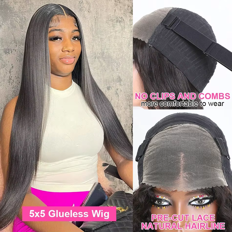Wear & Go-Perruque brésilienne droite sans colle pour femme, cheveux humains pré-épilés, cheveux bli