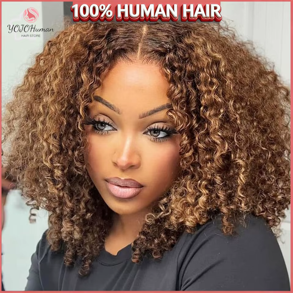 Perruque courte bouclée bob avec mèches blond miel 4/27, 100% cheveux humains, perruque frontale en