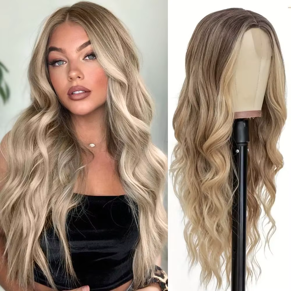 Perruque Lace Wig synthétique longue de 26 pouces, perruque à reflets blonds ombrés avec raie centra