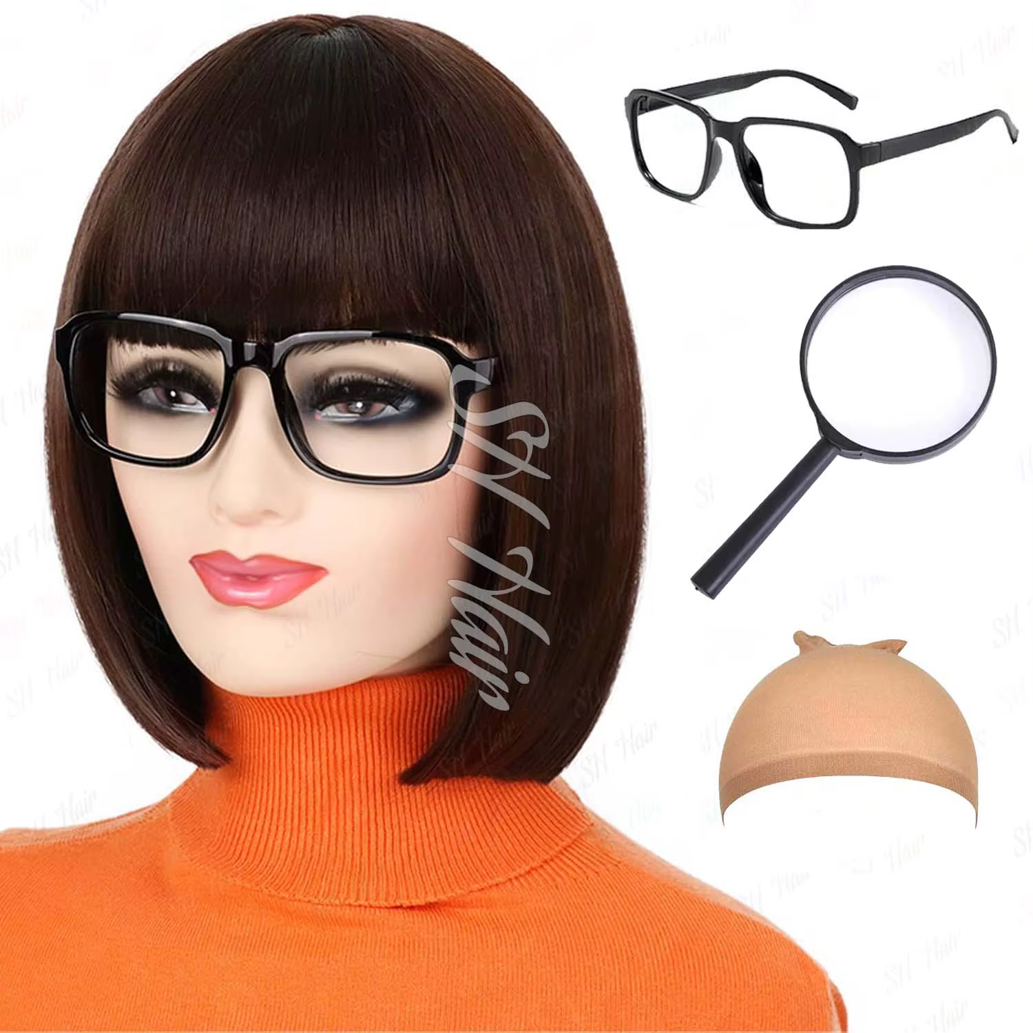 Perruque synthétique longue bouclée Orange + bandeau violet Daphné, perruque marron avec frange + lu