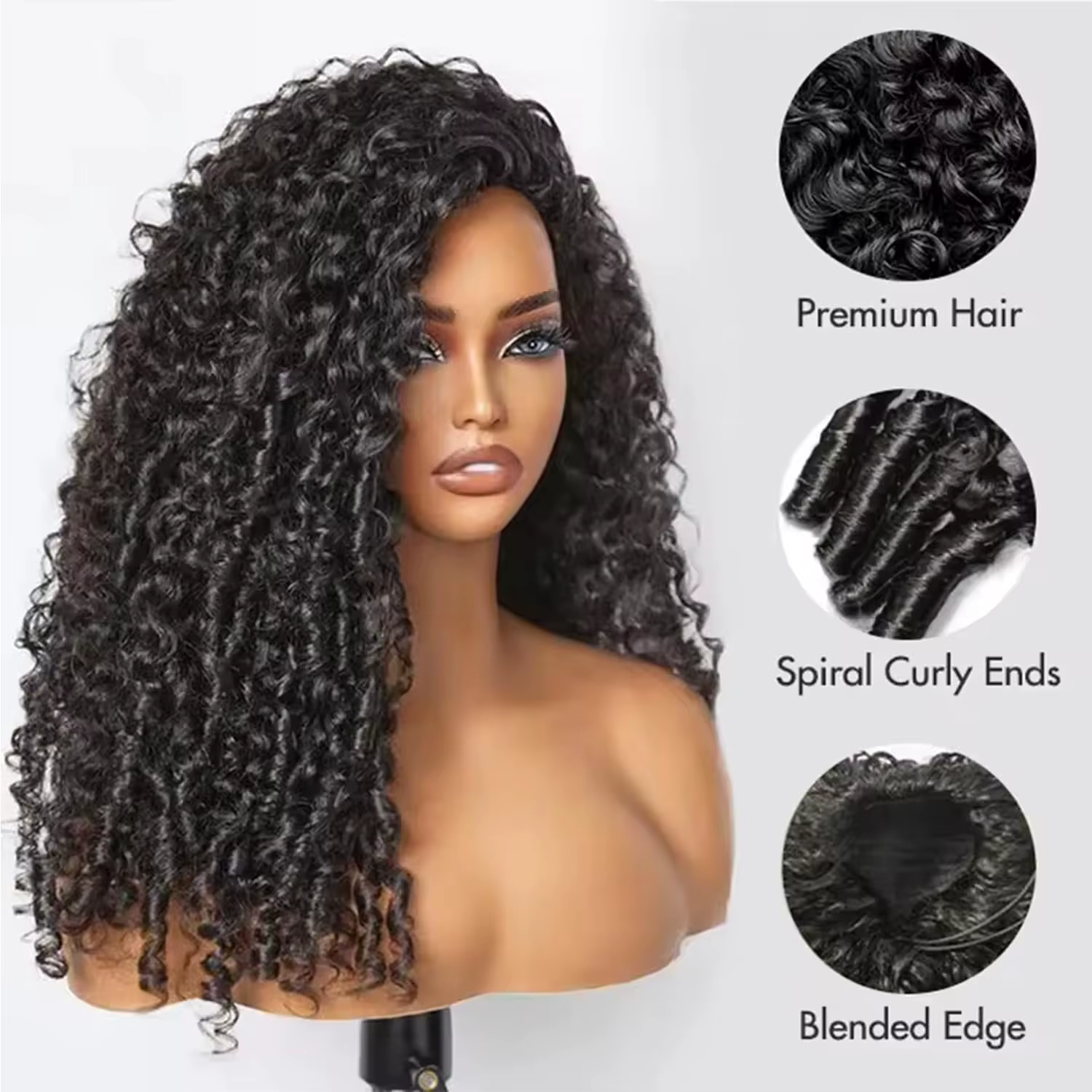 Perruque mi-tête bouclée birmane en cheveux humains 3-en-1 sans couture, à porter directement sans c