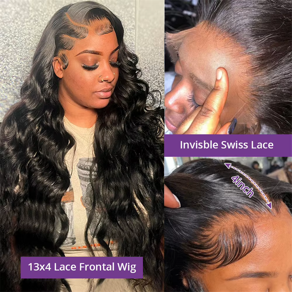 Perruque de cheveux humains Body Wave densité 200, Lace Front HD transparente 13x4, noire, avec Lace