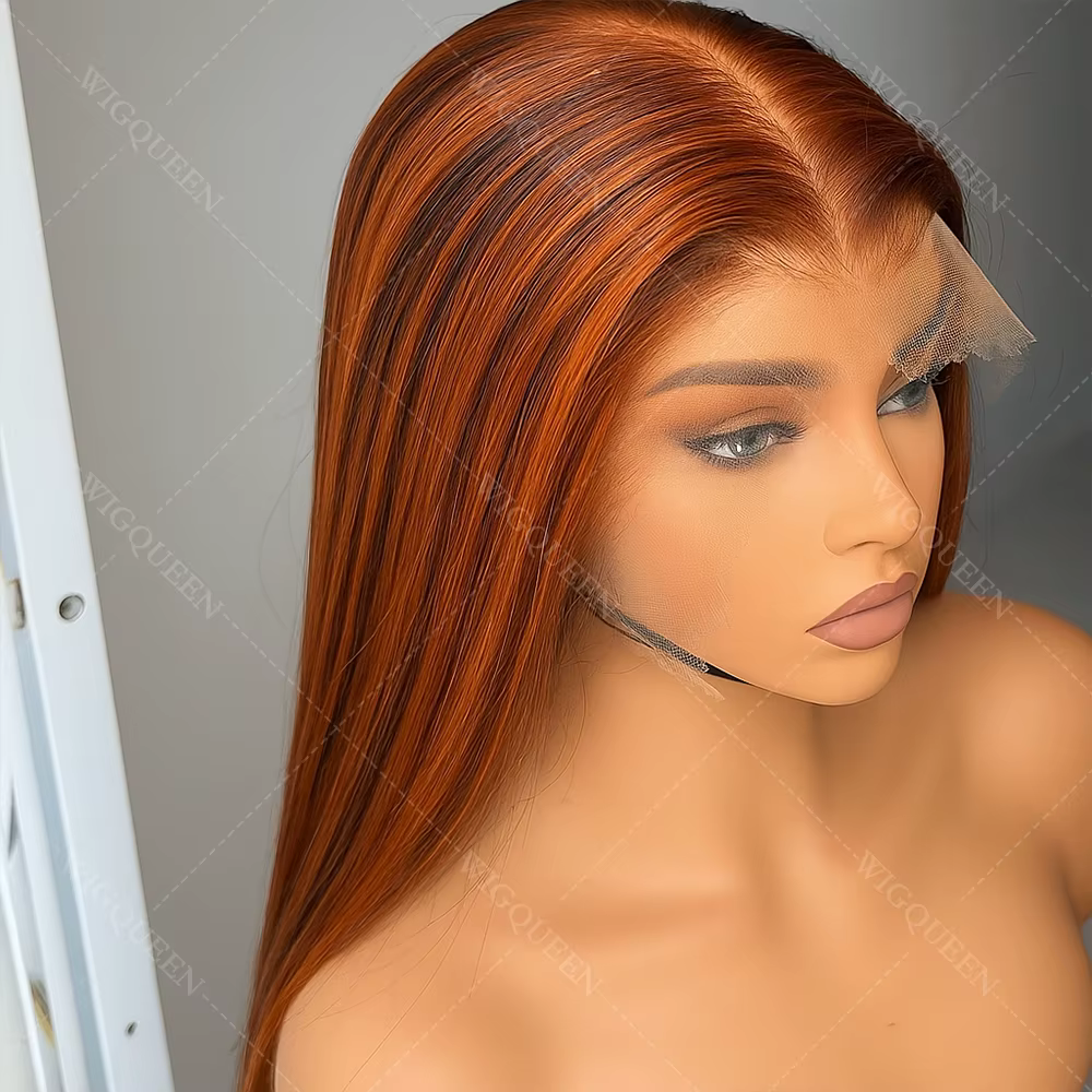 # 4/350 brun mélange gingembre couleur Skunk rayure 5x5 dentelle avant sans colle perruques cheveux 