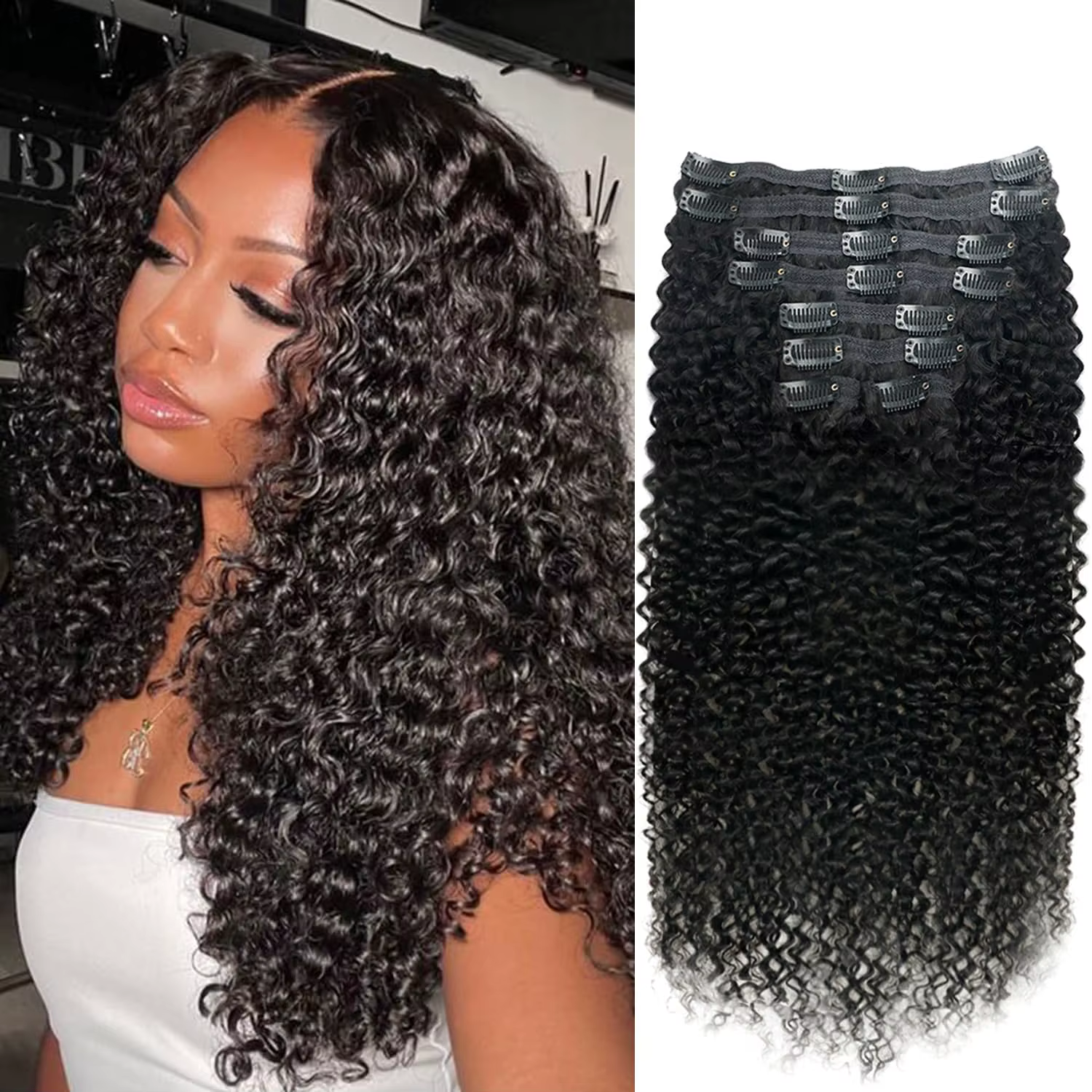 Extensions de cheveux bouclés à clipser pour femmes, cheveux humains vierges brésiliens, 8 pièces, e