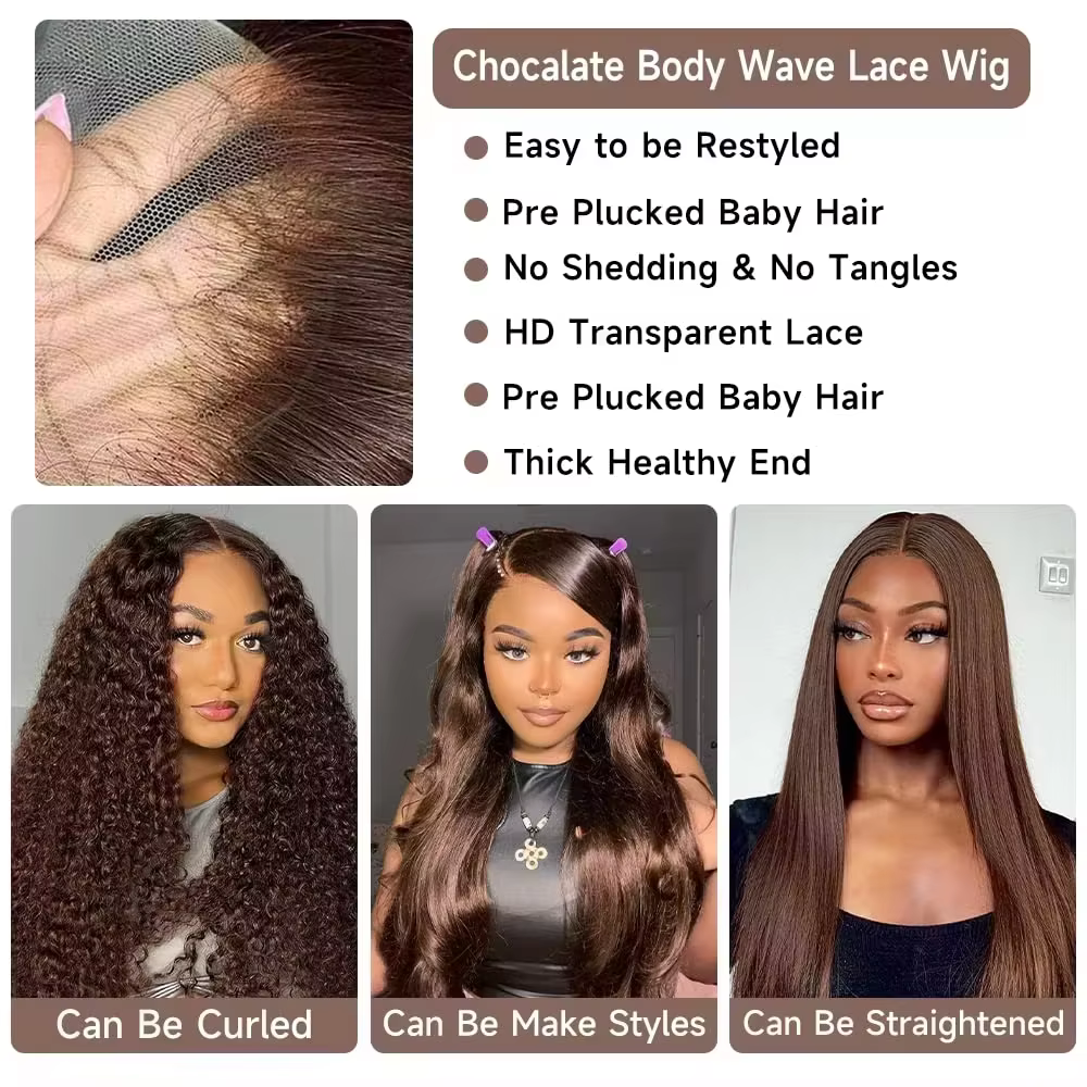 13x6 chocolat brun HD dentelle avant perruques de cheveux humains vague de corps perruque de cheveux