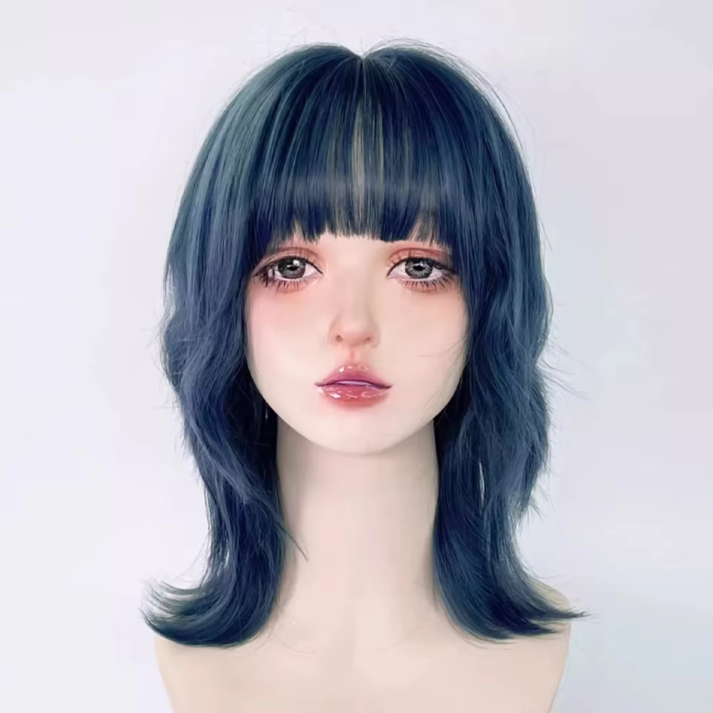 Perruque synthétique bleue à tête de mulet avec frange, perruque courte et lisse pour Cosplay Anime 