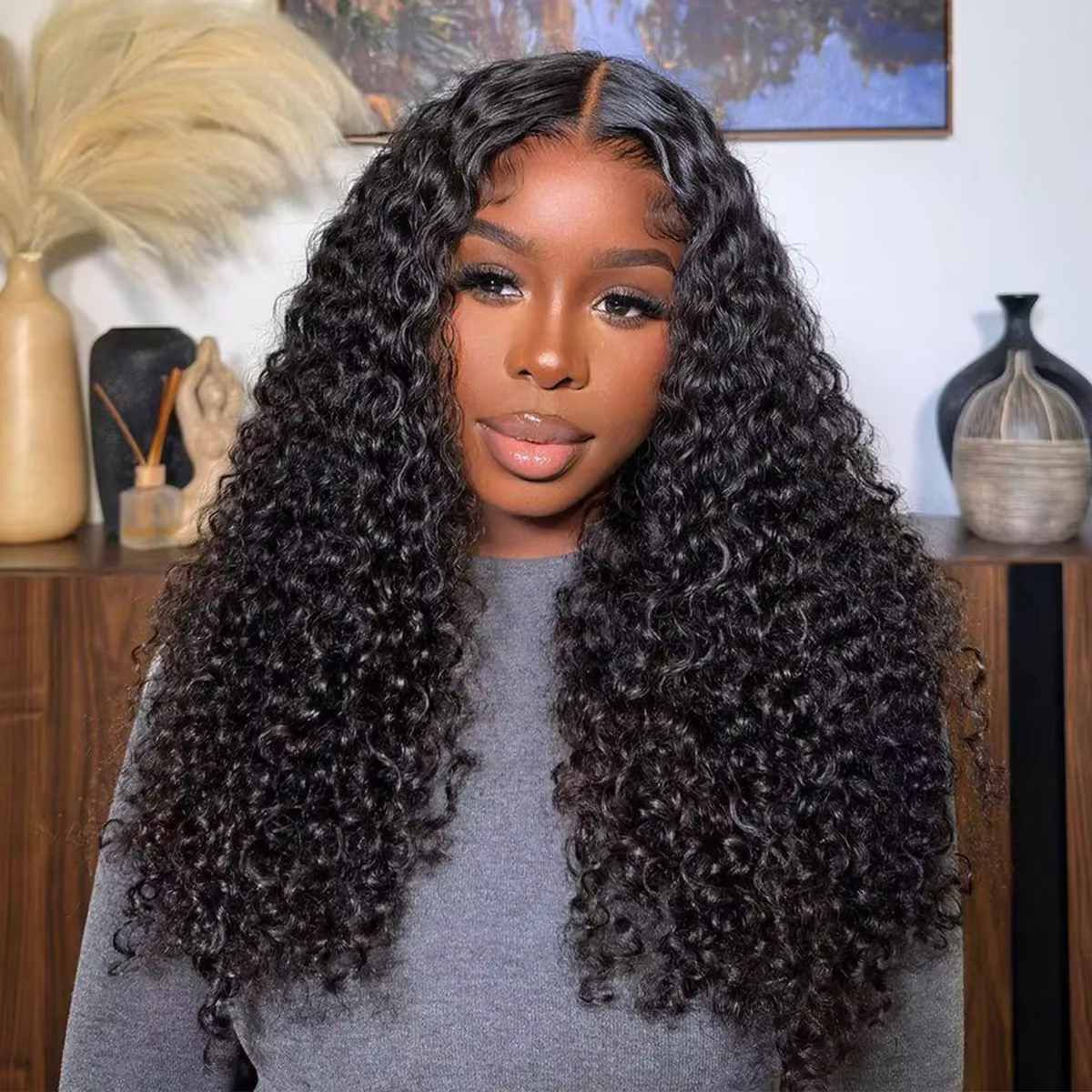 Perruque Lace Front Wig sans colle bouclée 4x4 5x5, couleur naturelle, Deep Wave, pre-coupée, brésil