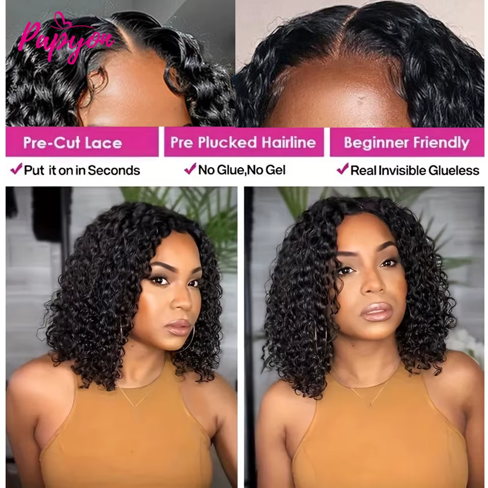 200% Density Perruque Bob Bouclé Water Wave Sans Colle Pour Femme de Fermeture en Bouclée Dentelle