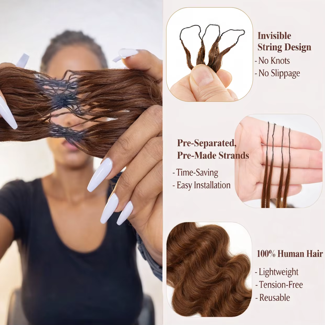 Extensions de cheveux humains ondulés au crochet, pré-séparées, invisibles, micro-boucles, effet plu