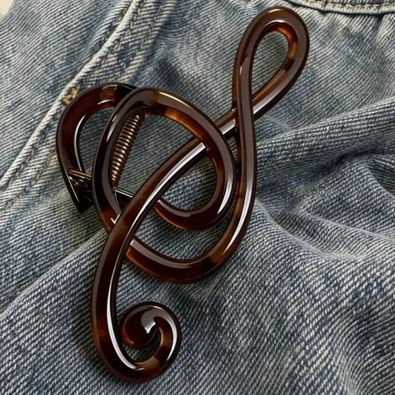 Pince à cheveux grande taille pour femme, motif note de musique, en résine rétro, couleur thé, style