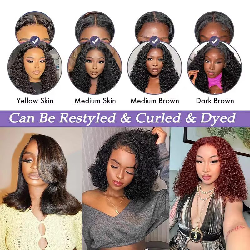 Perruque Bob Courte Sans Colle Densité 250% Cheveux Humains Ondulés Profonds Lace Front 5x5 Prête à 