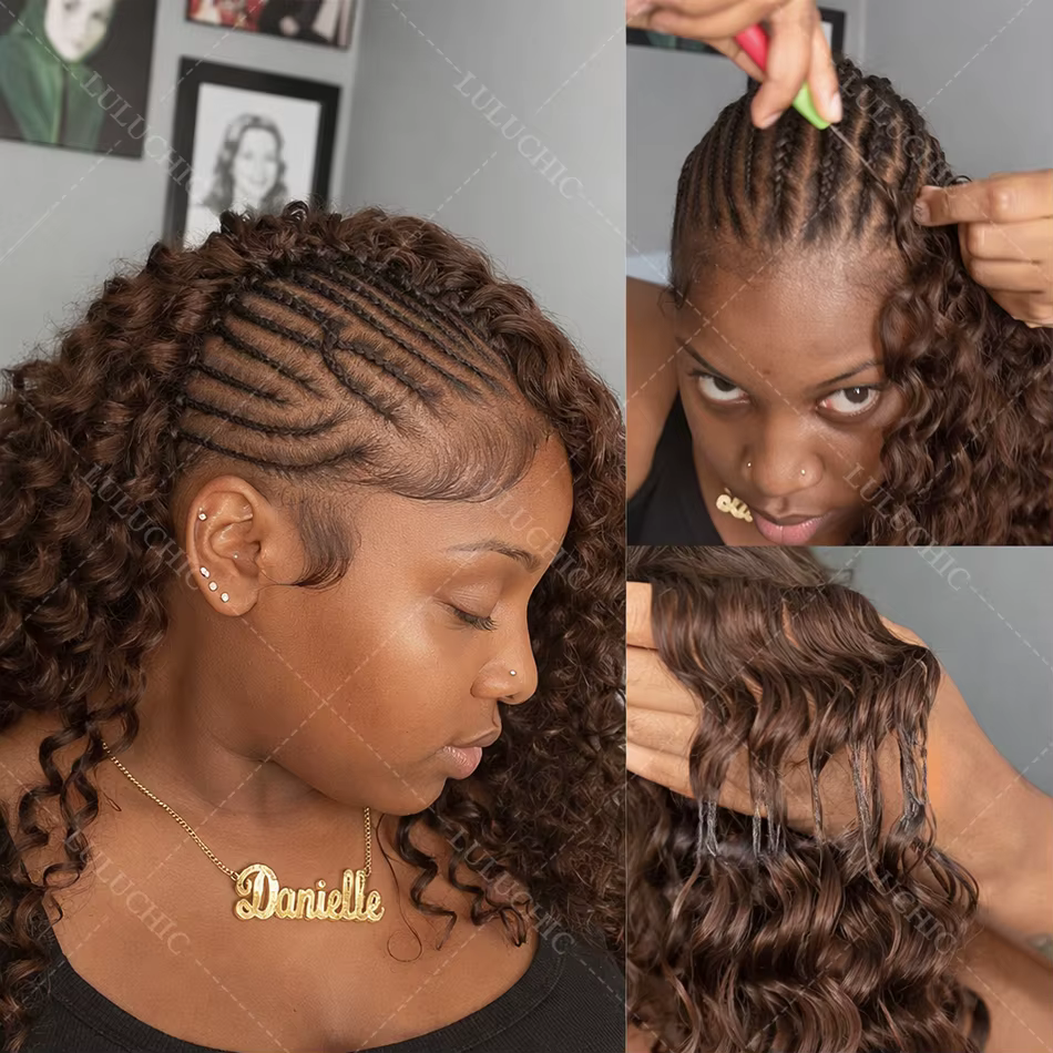 Extensions de cheveux humains bouclés au crochet, couleur marron chocolat, à ondulations profondes, 