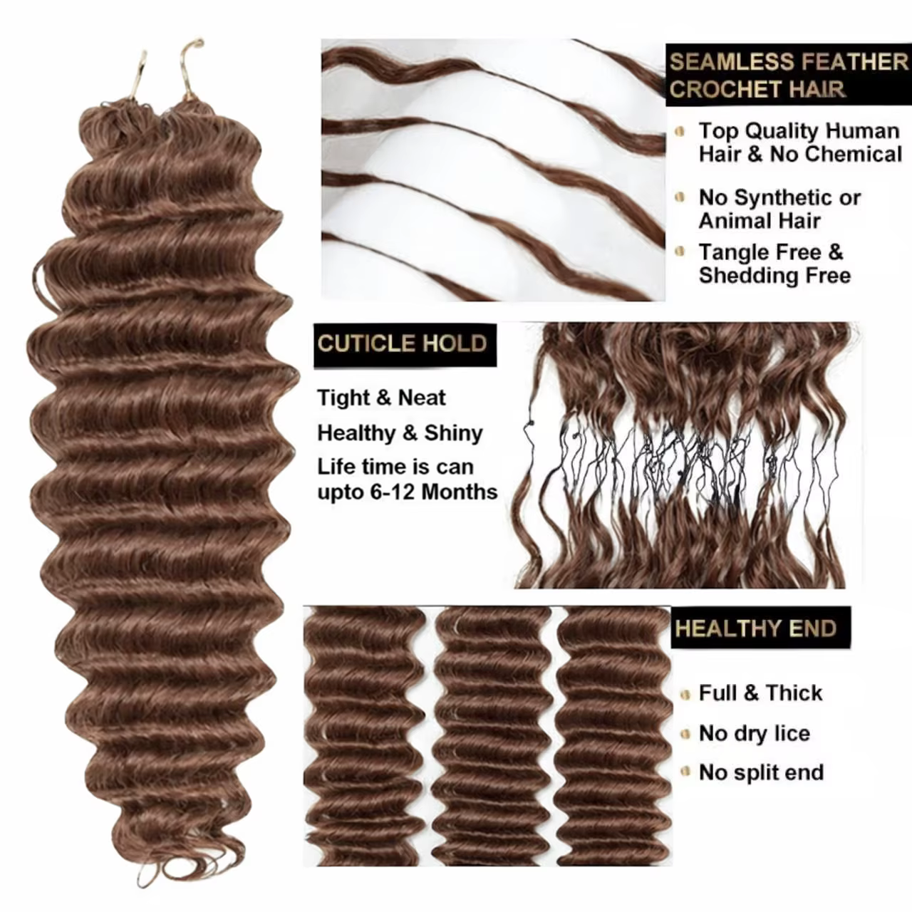 Extensions de cheveux humains pré-séparées Chocorate Brown Deep Wave pour tresses, cheveux à crochet