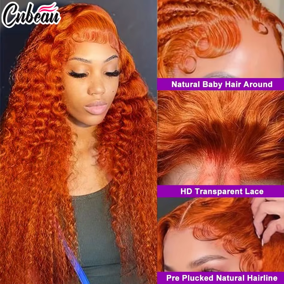 Perruques Lace Front HD Deep Wave en Cheveux Humains de 30 Pouces 13x6/13X4, Perruque Bouclée Orange