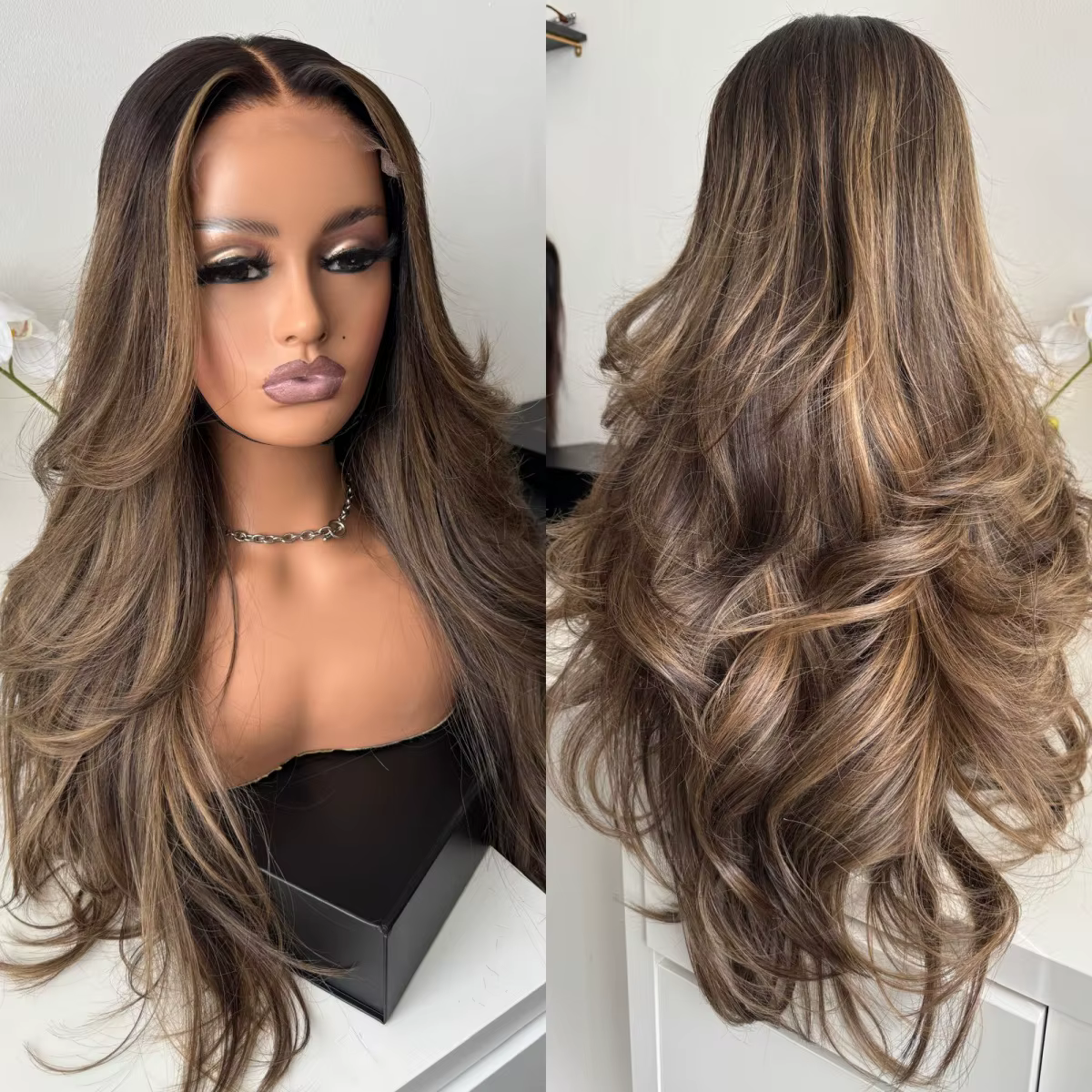 Top vente ombre racines brun foncé avec reflets blonds perruques sans colle cheveux synthétiques par
