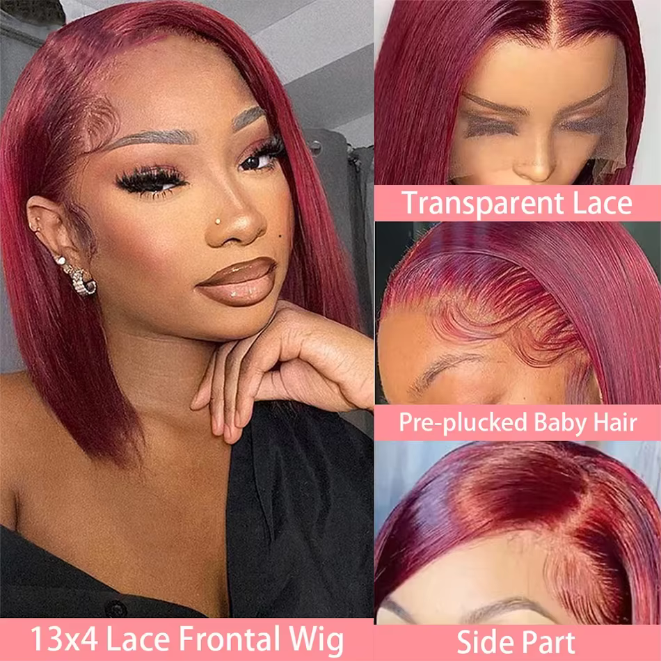 Perruque Bob 99J Bourgogne en Cheveux Humains, Lace Frontal 13x4 Lisse, 100% Cheveux Humains Brésili