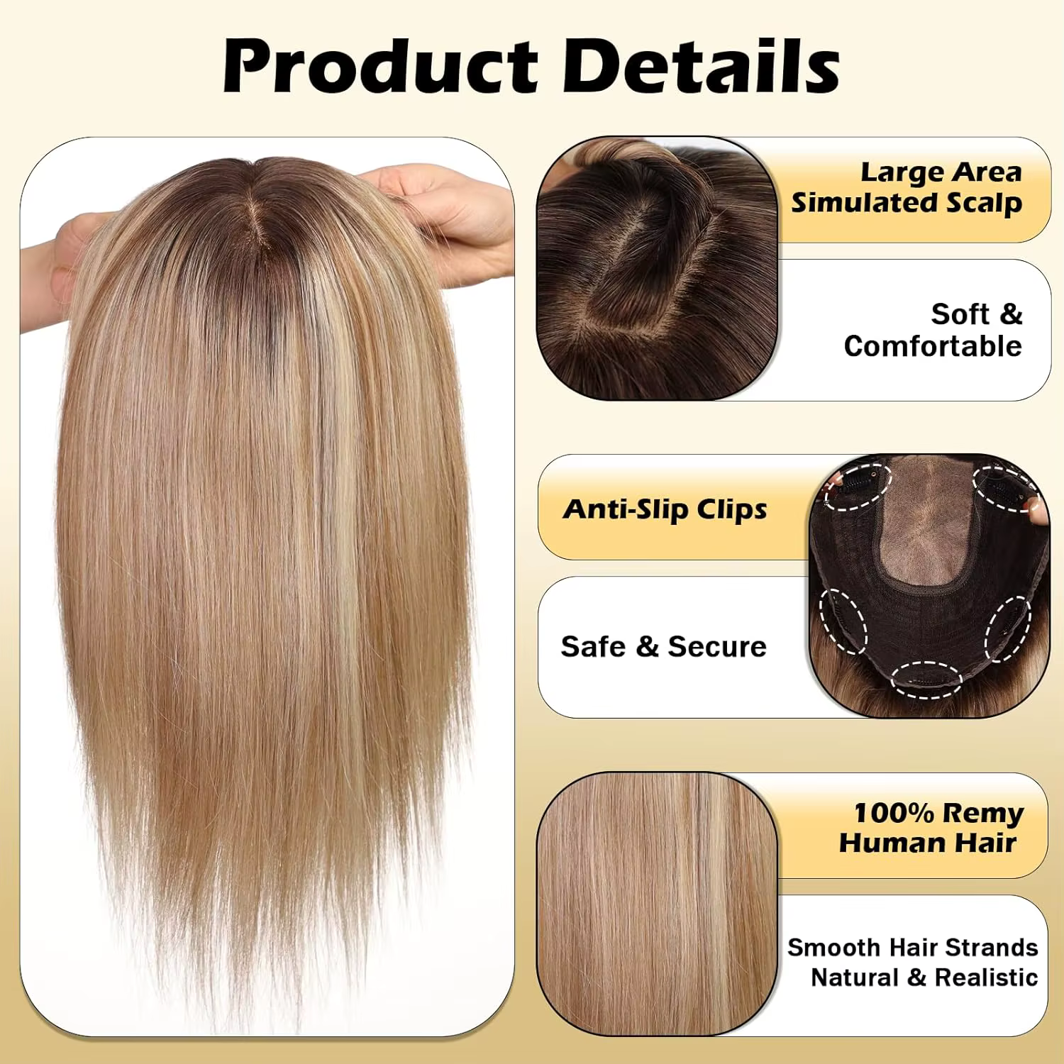 Pièces de cheveux à Base grande 9x9 pouces, reflets bruns, Toppers de cheveux humains de 16 pouces p
