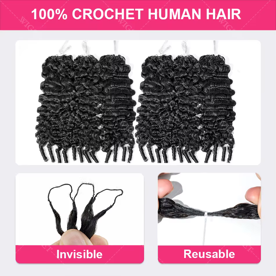 Mèches de cheveux humains bouclés style birman pour crochet, tresses invisibles sans nœuds, cheveux 