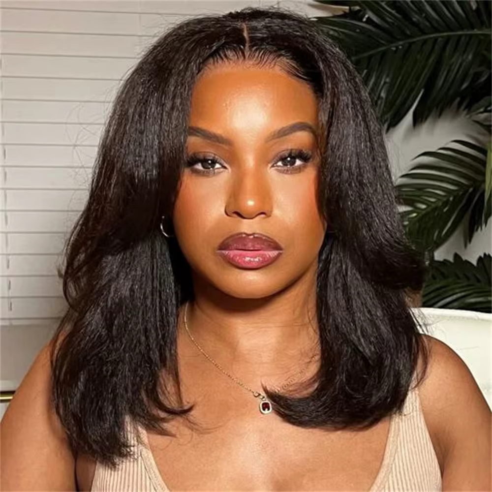 Perruque Bob Lace Front Wig Yaki Synthétique Sans Colle, Postiche Court, Noir, Doux, Crépu, Droit, P