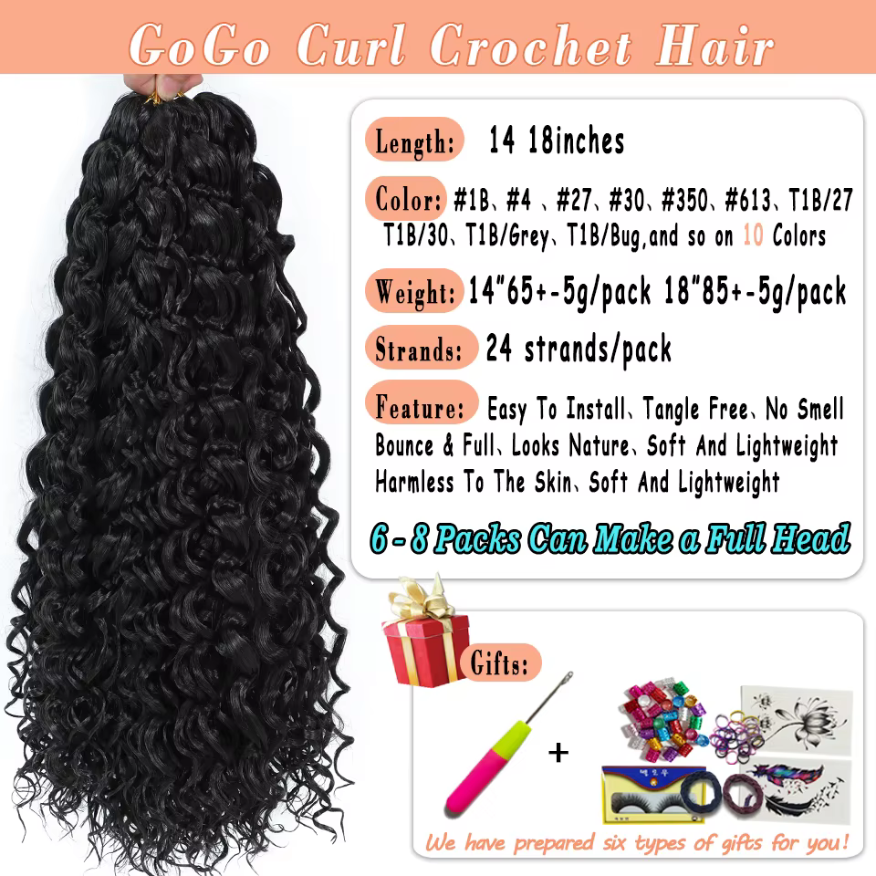 BEWILL GoGo Curl Cheveux en crochet, 14 et 18 pouces, ondes d'eau, boucles de plage, cheveux en croc