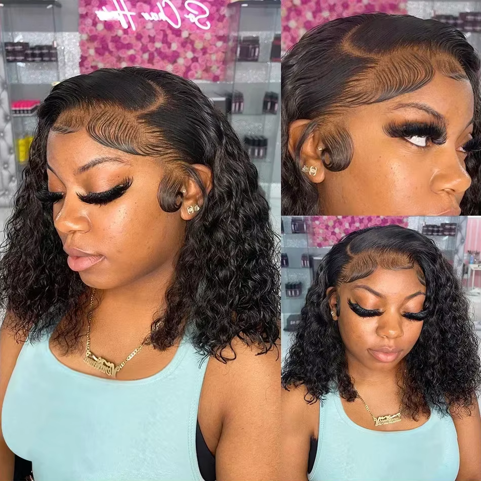 Perruque Lace Front 13x4 Courte Bouclée Bob 230% Pré-épilée, Ondulations Profondes, Perruque Frontal