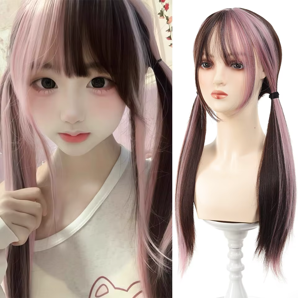 Loiita – perruque synthétique longue et lisse, 24 pouces, noir, rose, Double queue de cheval, Extens
