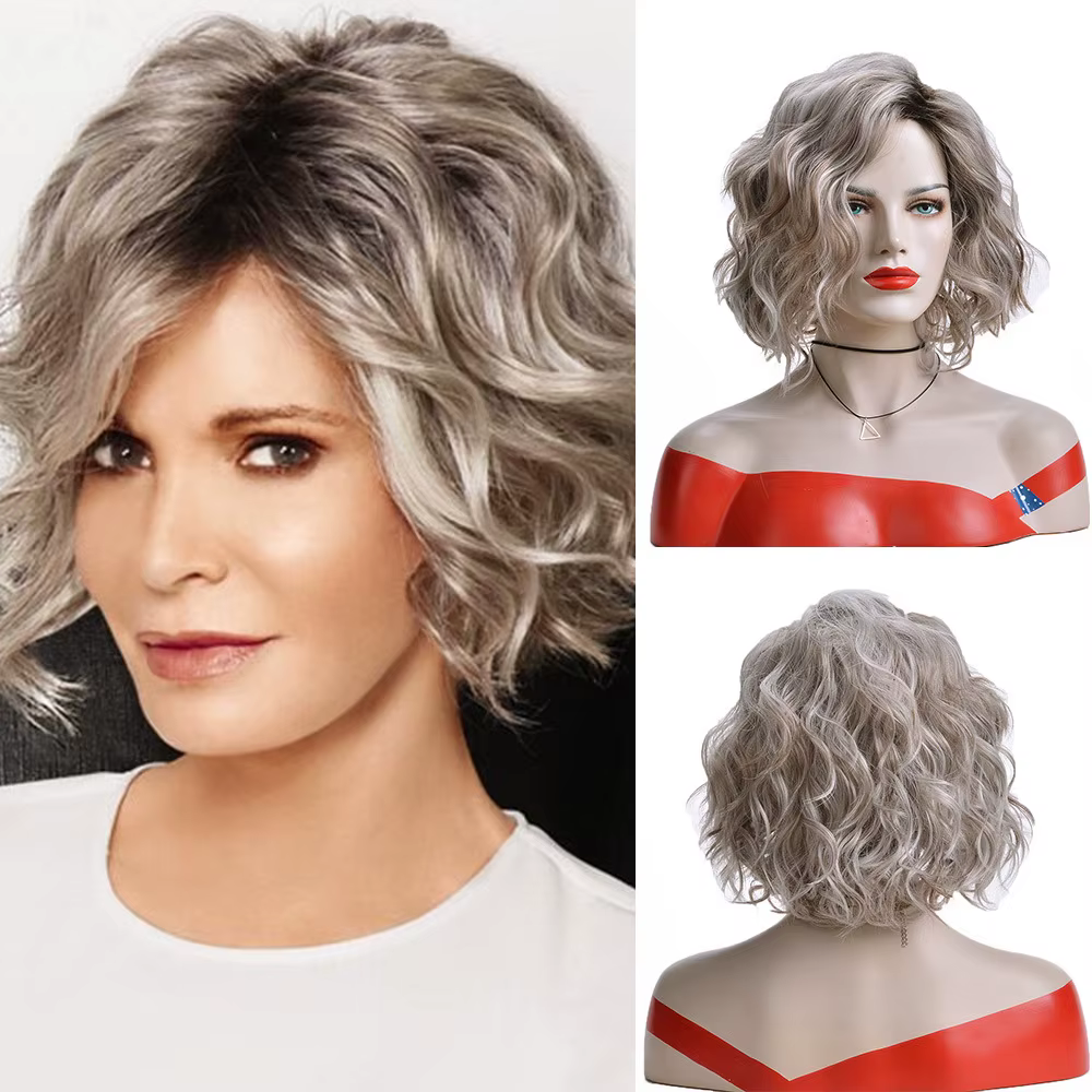 Perruques de cheveux synthétiques 12 pouces gris argenté perruque courte bouclée femmes naturel couc