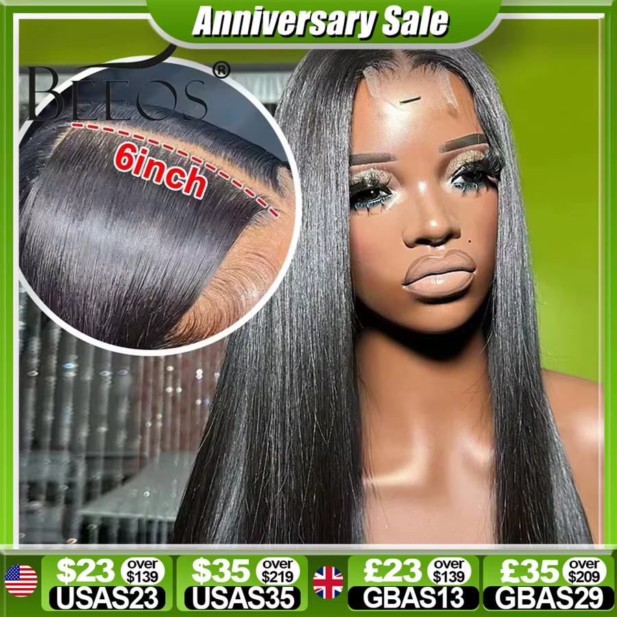 BEEOS-Perruque Lace Closure Wig sans colle naturelle, cheveux lisses pré-implantés, noir de jais, 2x