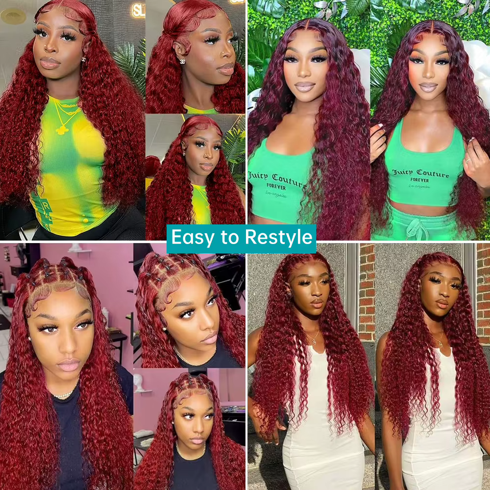 Perruque Lace Frontal Wig naturelle bordeaux 99j, 13x6, Deep Wave, pre-plucked, transparente HD, pou