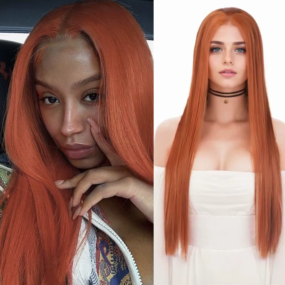VideoWig-Perruque Synthétique Longue et Lisse pour Femme, Rouge Auburn, Orange, Cosplay, Prêt à vita
