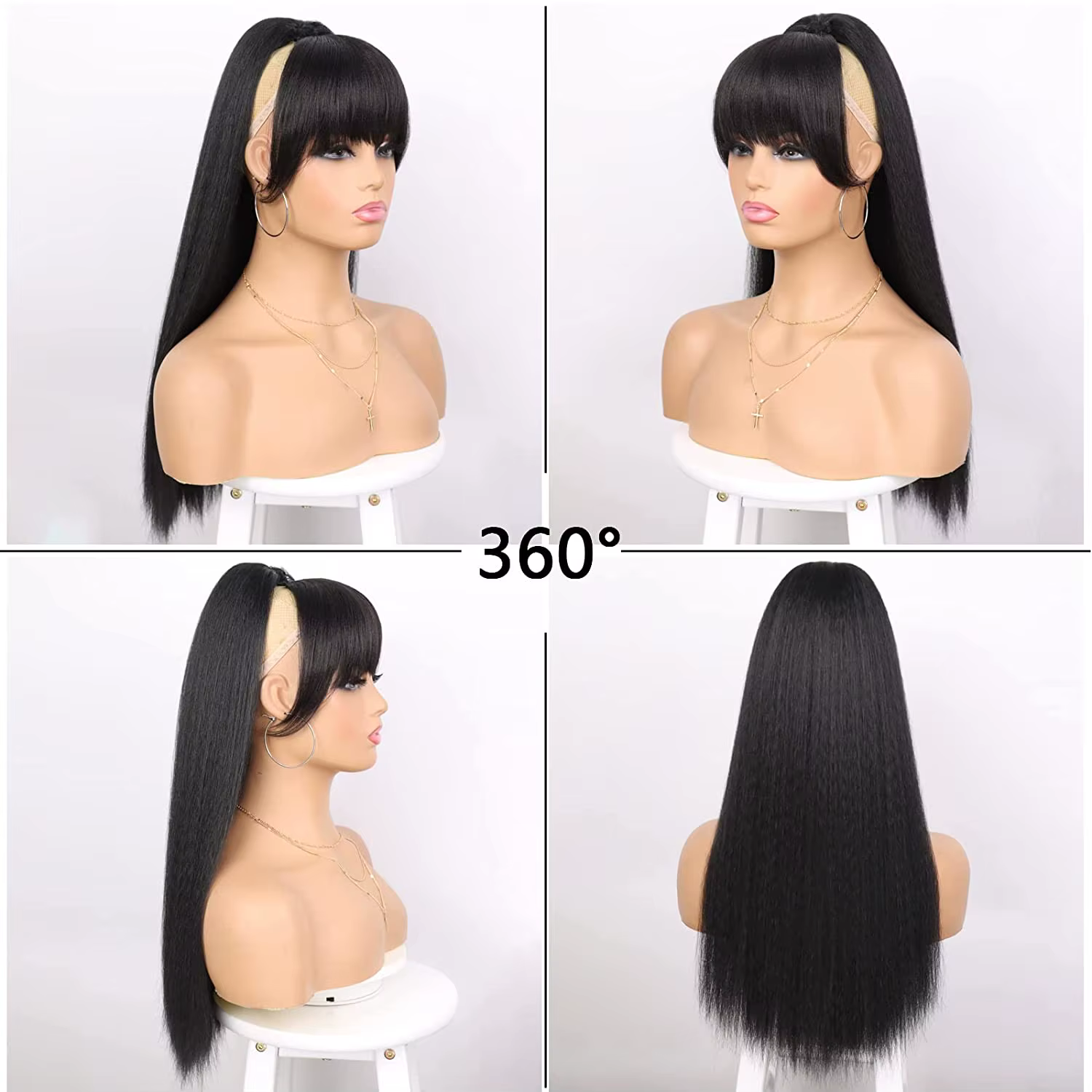 Perruque synthétique Haipiece Yaki, Extension queue de cheval avec frange, longue et lisse, pour fem