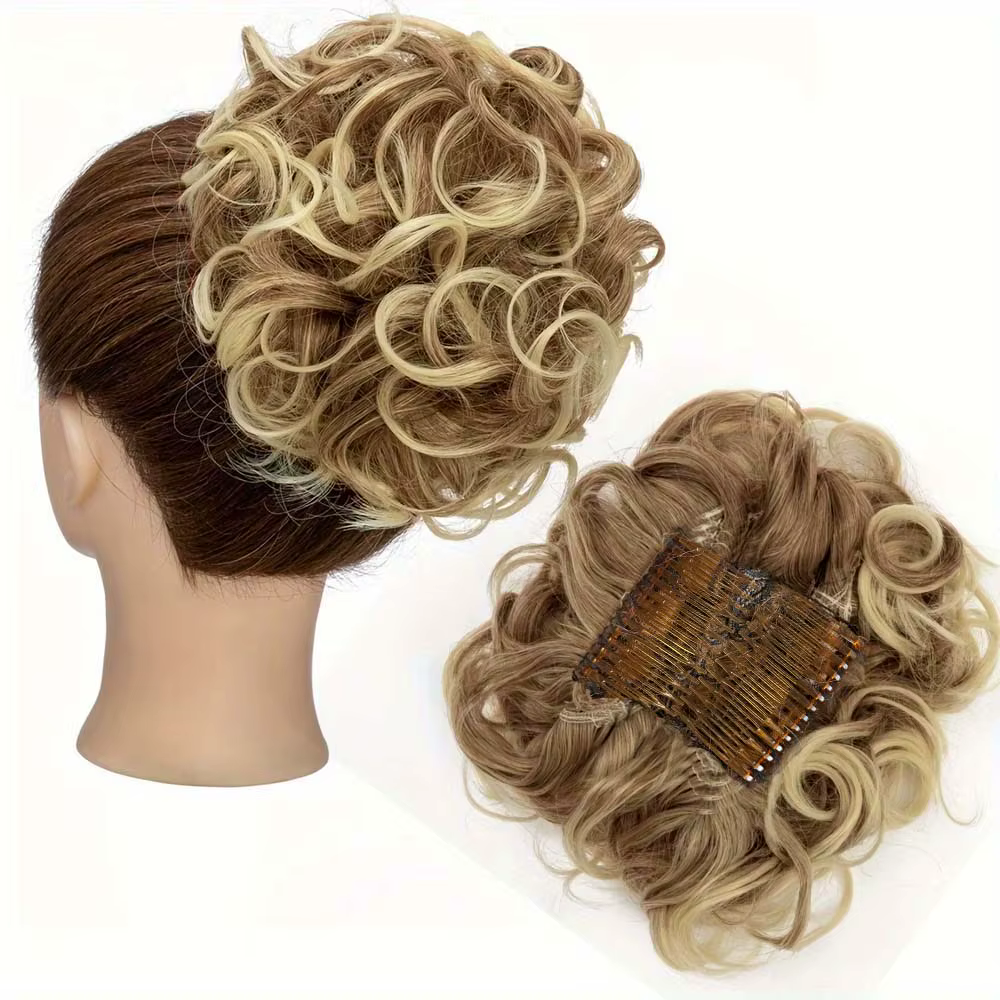 Extension de chignon synthétique courte et bouclée, peignes faciles à étirer, postiche queue de chev