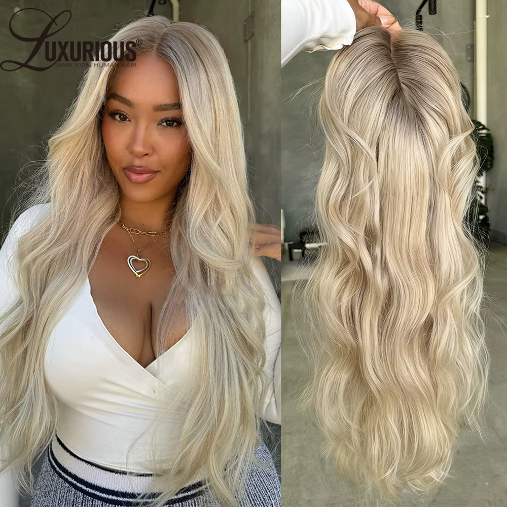 Perruque de salon en cheveux humains blond cendré à ondulations naturelles, densité 250%, Remy, pré-