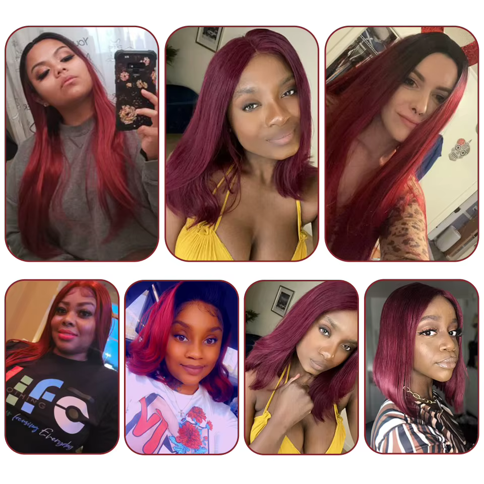 Perruque Bob Lace wig brésilienne naturelle lisse, cheveux longs, brun, rouge, partie T, perruque La